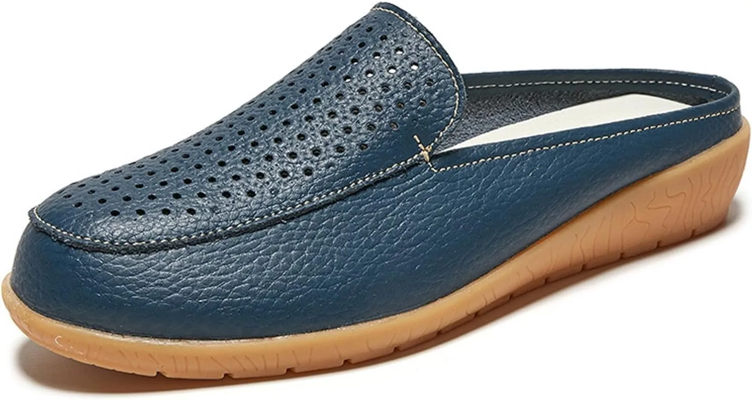 Womens Leather Hollow Slip-On Lightweight Flat Mules Closed Round Toe Comfortable Soft Non-Slip Backless Casual Penny Shoes for Daily Walking Outdoor