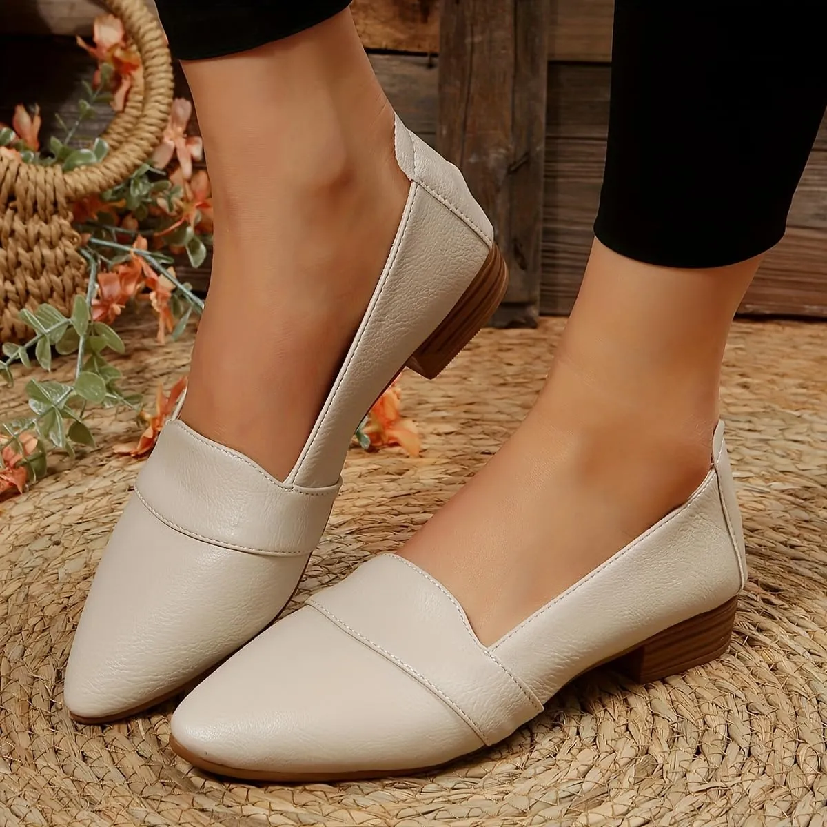 Women's Leather Loafers | Pointed Toe Slip-On Shoes with Clean Lines, Block Heel & Contrast Brown Trim – Modern Office to Casual Wear