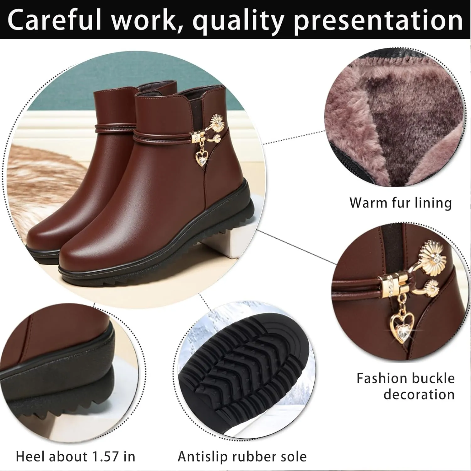 Women's Leather Platform Wedge Heel Ankle Boots Comfortable Round Toe Warm Fur Lining Side Zipper Non-slip Lug Sole Winter Ankle Boots Outdoor Work Walking Snow Boots