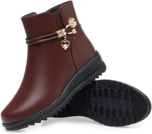 Women's Leather Platform Wedge Heel Ankle Boots Comfortable Round Toe Warm Fur Lining Side Zipper Non-slip Lug Sole Winter Ankle Boots Outdoor Work Walking Snow Boots