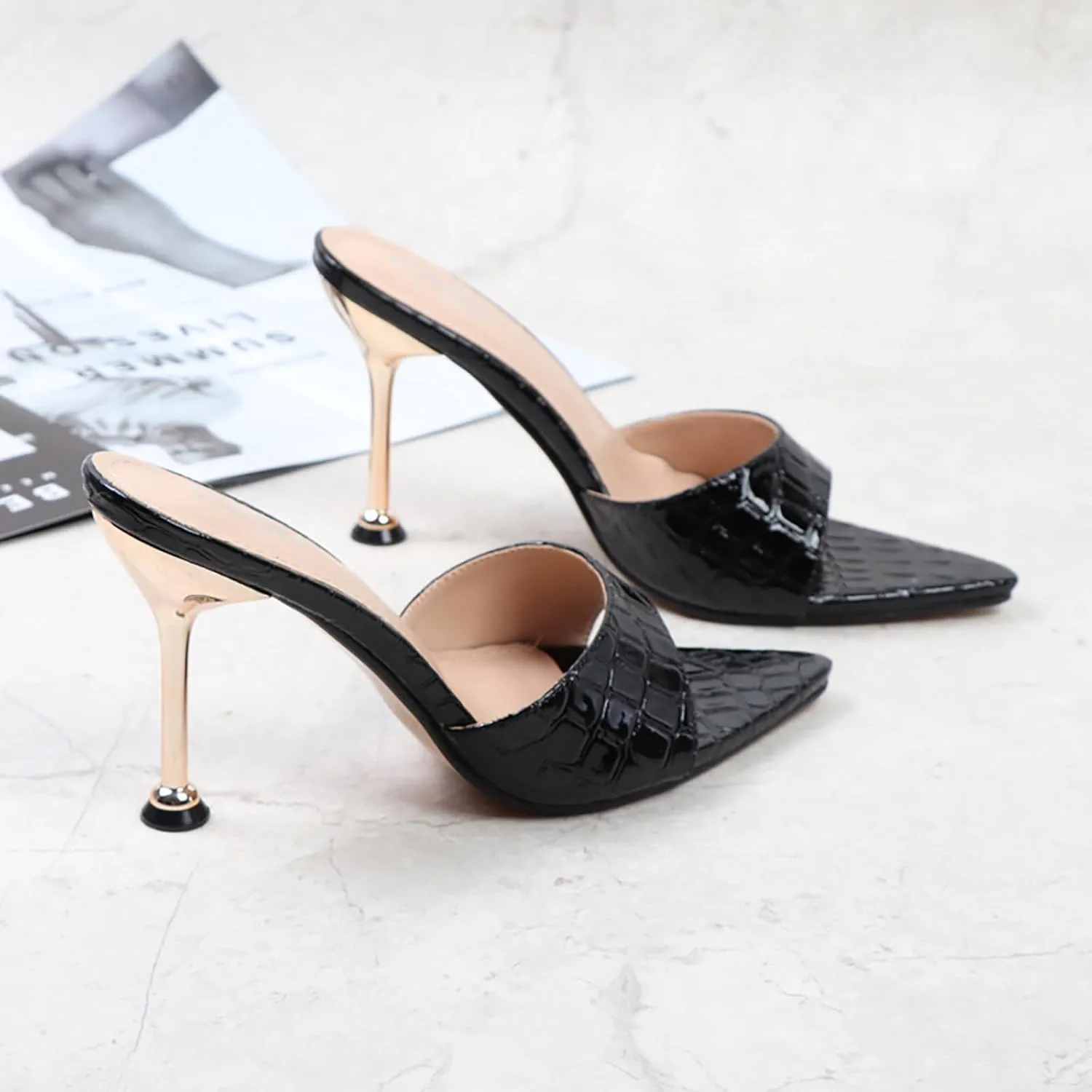 Women's Leather Printed Pointed Open Toe Stiletto Slide Sandals Sexy Slip On High Heel Backless Mules Summer Fashion Slingback Wedding Party Dating Dress Pumps