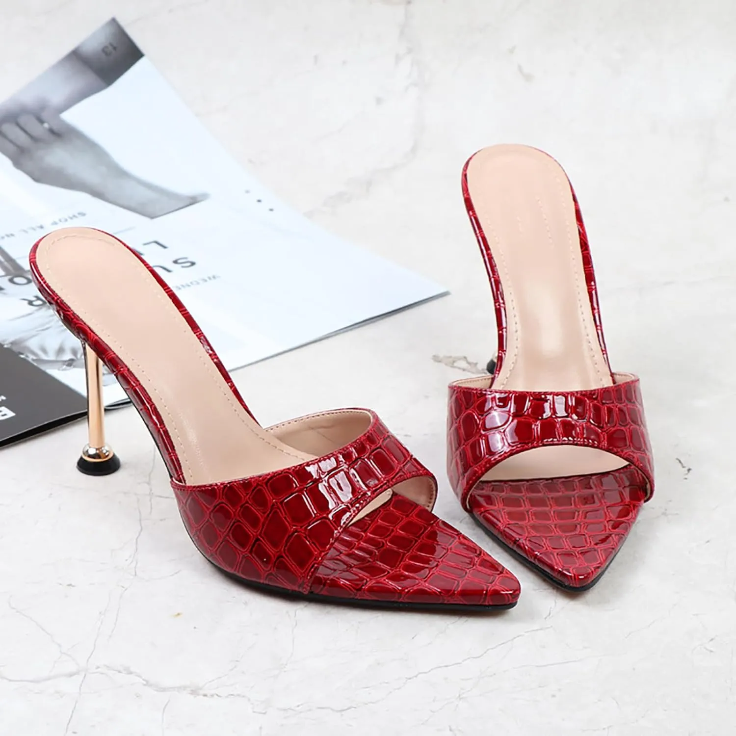 Women's Leather Printed Pointed Open Toe Stiletto Slide Sandals Sexy Slip On High Heel Backless Mules Summer Fashion Slingback Wedding Party Dating Dress Pumps