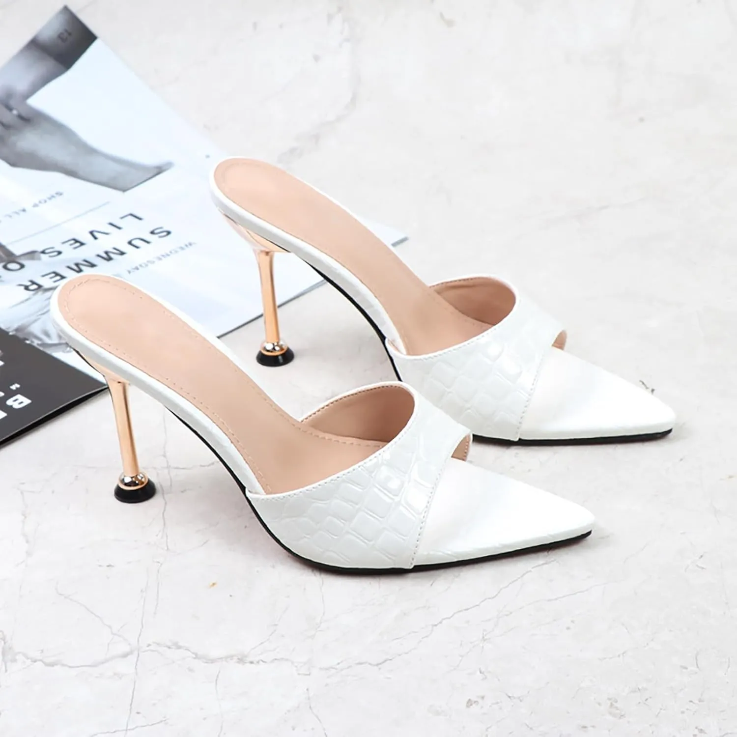 Women's Leather Printed Pointed Open Toe Stiletto Slide Sandals Sexy Slip On High Heel Backless Mules Summer Fashion Slingback Wedding Party Dating Dress Pumps