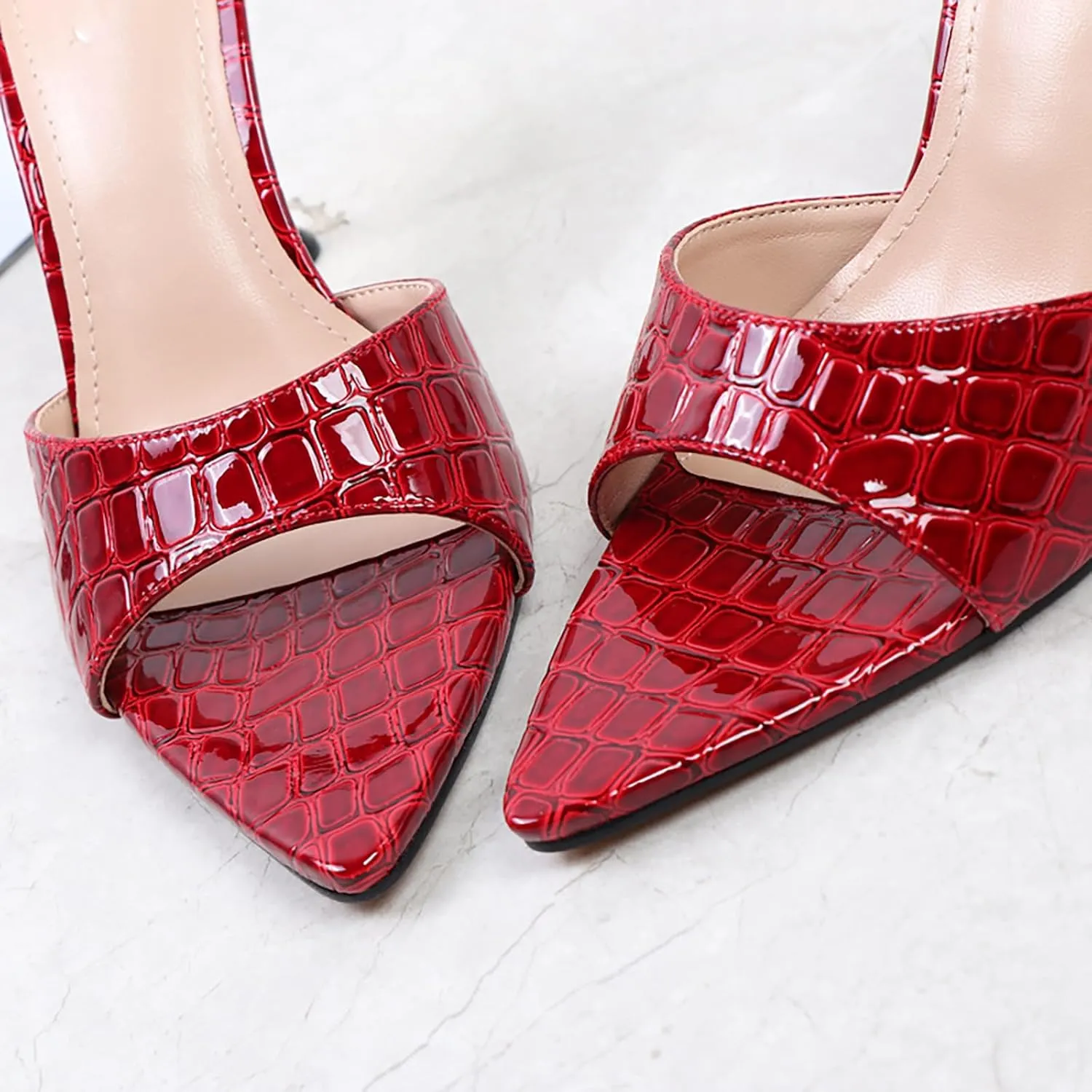 Women's Leather Printed Pointed Open Toe Stiletto Slide Sandals Sexy Slip On High Heel Backless Mules Summer Fashion Slingback Wedding Party Dating Dress Pumps