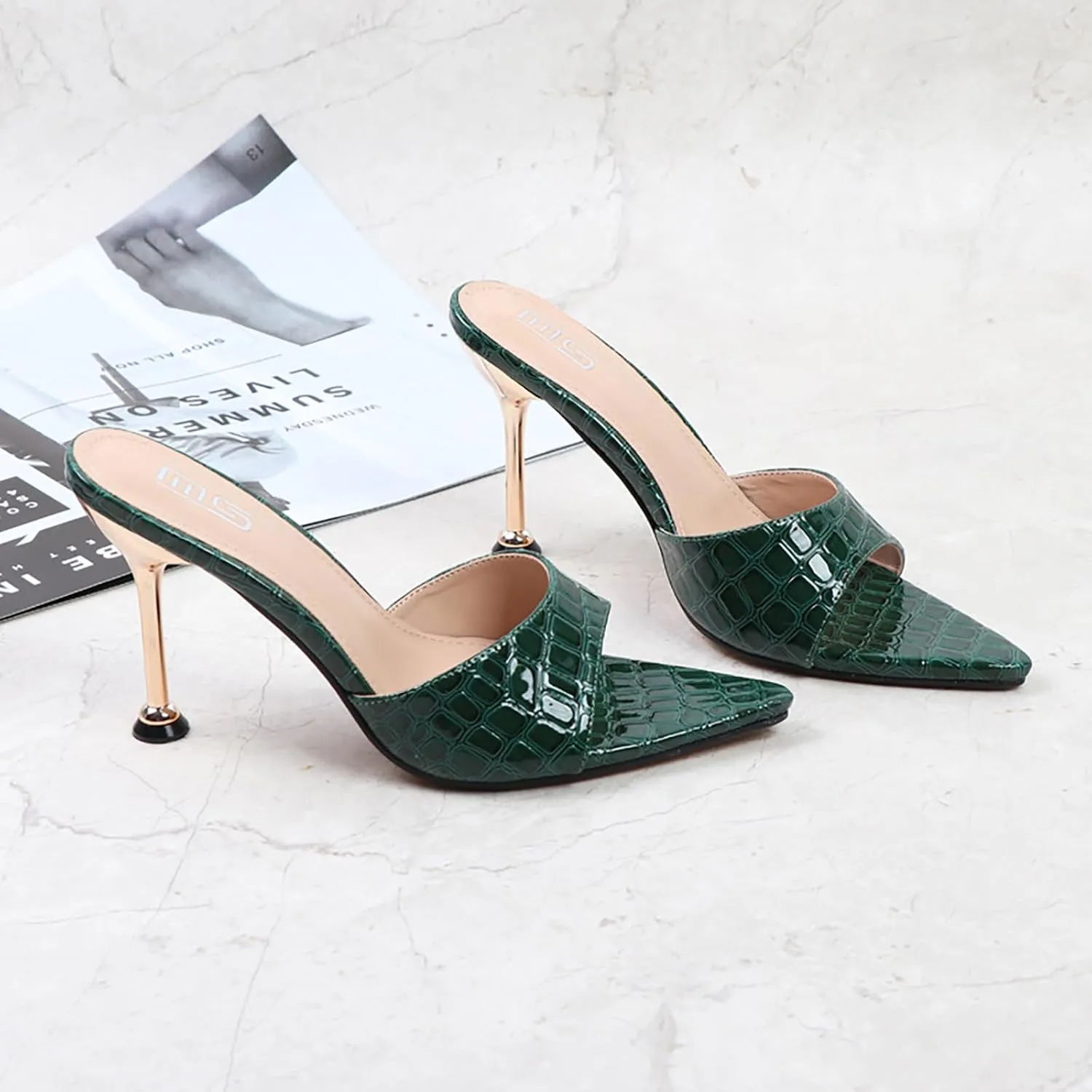 Women's Leather Printed Pointed Open Toe Stiletto Slide Sandals Sexy Slip On High Heel Backless Mules Summer Fashion Slingback Wedding Party Dating Dress Pumps