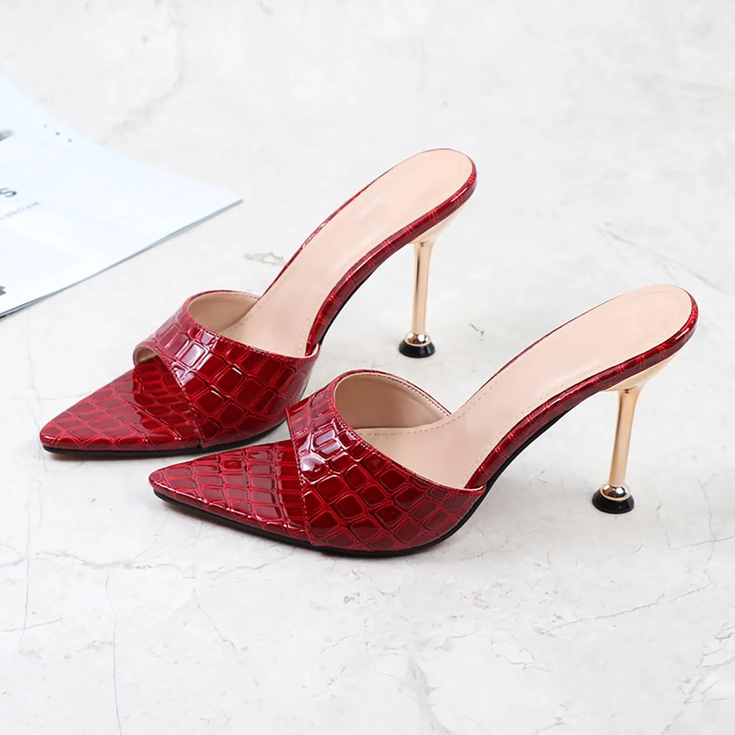 Women's Leather Printed Pointed Open Toe Stiletto Slide Sandals Sexy Slip On High Heel Backless Mules Summer Fashion Slingback Wedding Party Dating Dress Pumps