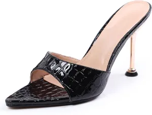 Women's Leather Printed Pointed Open Toe Stiletto Slide Sandals Sexy Slip On High Heel Backless Mules Summer Fashion Slingback Wedding Party Dating Dress Pumps