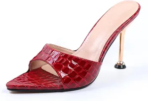 Women's Leather Printed Pointed Open Toe Stiletto Slide Sandals Sexy Slip On High Heel Backless Mules Summer Fashion Slingback Wedding Party Dating Dress Pumps