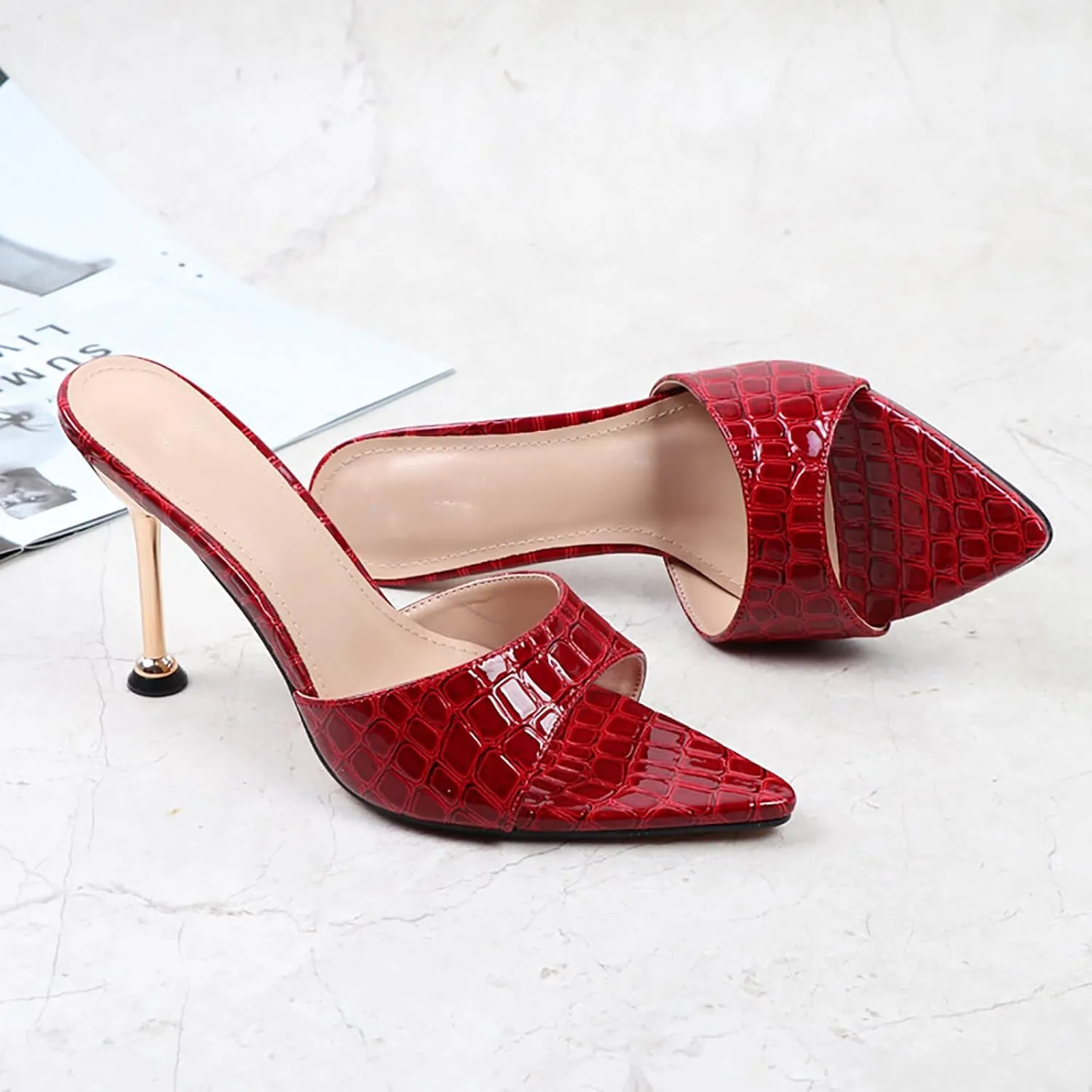 Women's Leather Printed Pointed Open Toe Stiletto Slide Sandals Sexy Slip On High Heel Backless Mules Summer Fashion Slingback Wedding Party Dating Dress Pumps