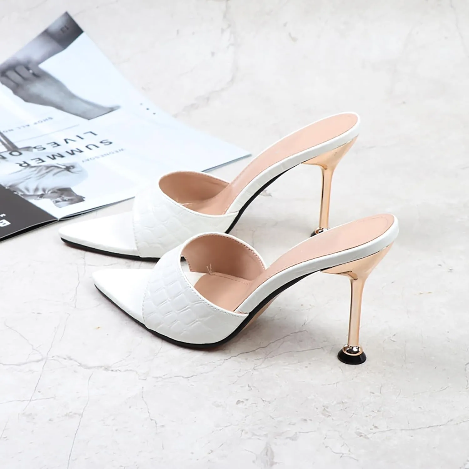 Women's Leather Printed Pointed Open Toe Stiletto Slide Sandals Sexy Slip On High Heel Backless Mules Summer Fashion Slingback Wedding Party Dating Dress Pumps