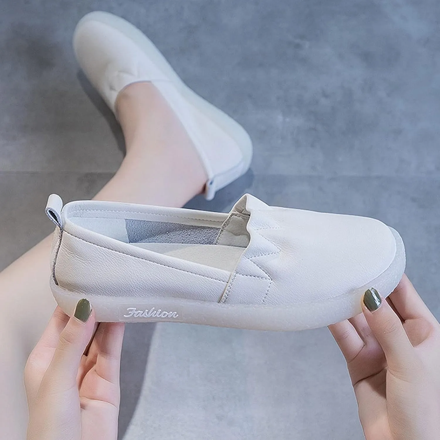 Women's Leather Slip-on Casual Shoes,Lightweight Comfort Pleated Non-Slip Softsole Oxford Dress Flat Walking Loafers