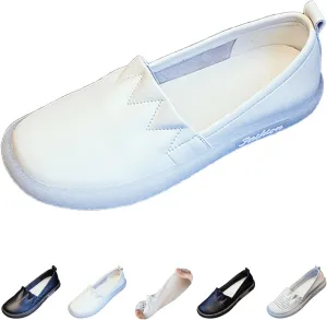 Women's Leather Slip-on Casual Shoes,Lightweight Comfort Pleated Non-Slip Softsole Oxford Dress Flat Walking Loafers