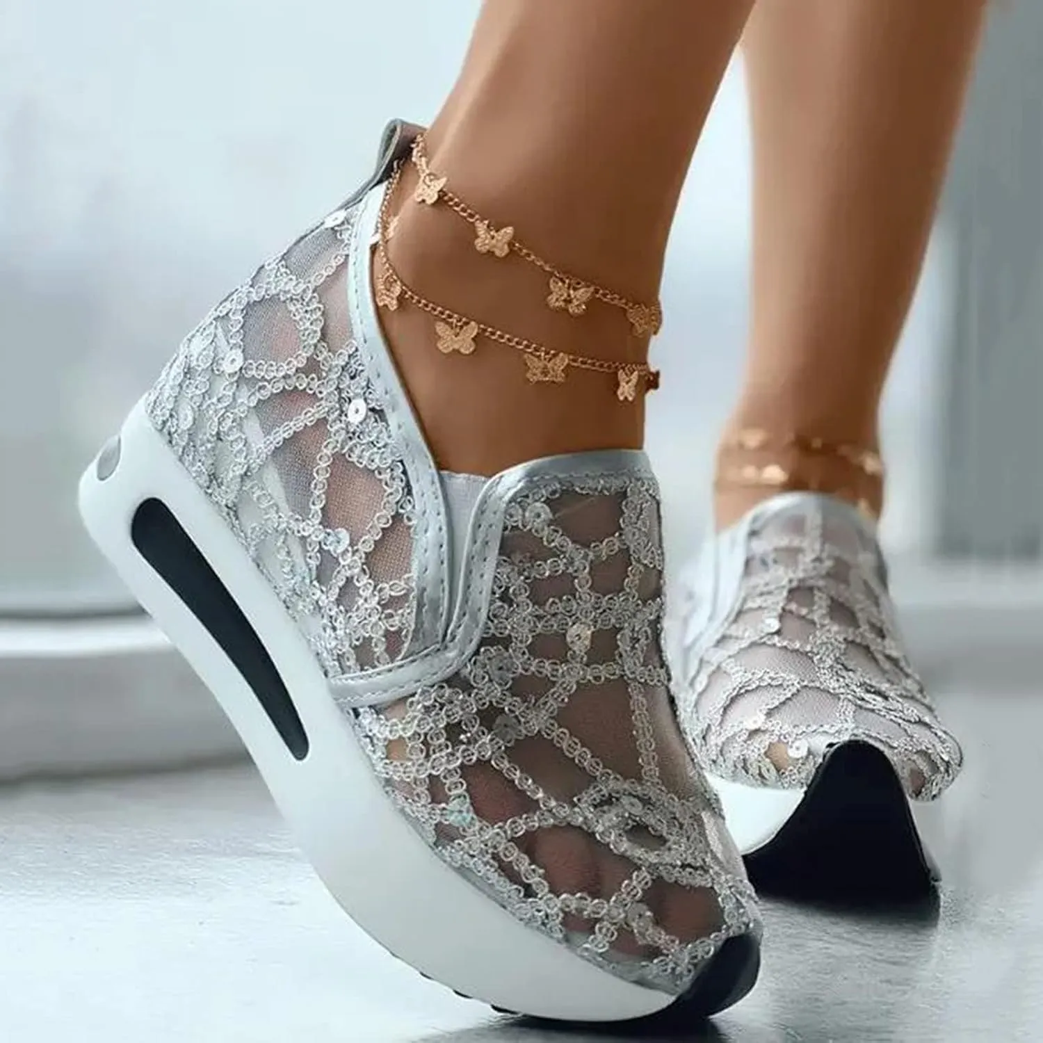 Women's Loafers & Slip-on Embroidery Floral Mesh Lace Chunky Sole Hidden High Heels Lace Up Sneakers Casual Shoes Platform Wedge Sneakers