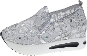 Women's Loafers & Slip-on Embroidery Floral Mesh Lace Chunky Sole Hidden High Heels Lace Up Sneakers Casual Shoes Platform Wedge Sneakers