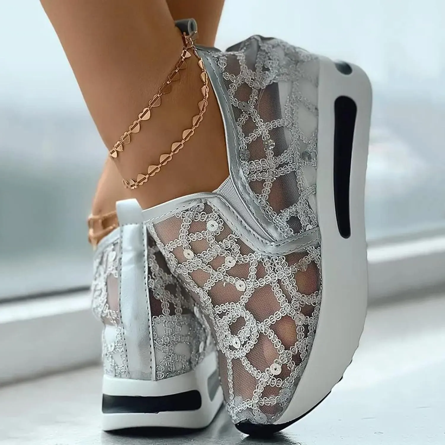 Women's Loafers & Slip-on Embroidery Floral Mesh Lace Chunky Sole Hidden High Heels Lace Up Sneakers Casual Shoes Platform Wedge Sneakers