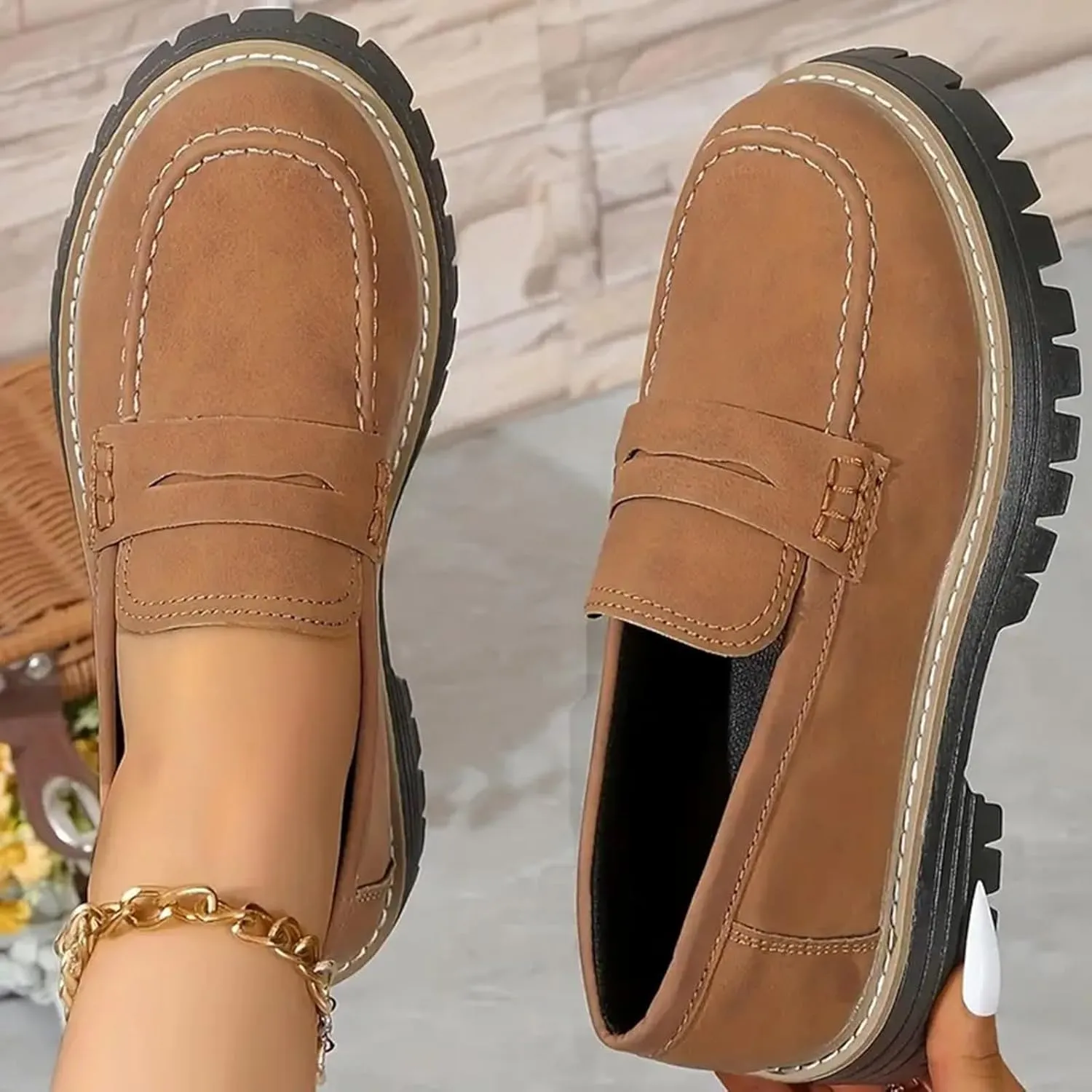 Womens Loafers Dressy Suede Chunky Slip On Shoes Penny Loafer Lug Sole Comfortable Casual Business Shoes Summer Fashion Office Shoe Retro Comfy Oxford for Work