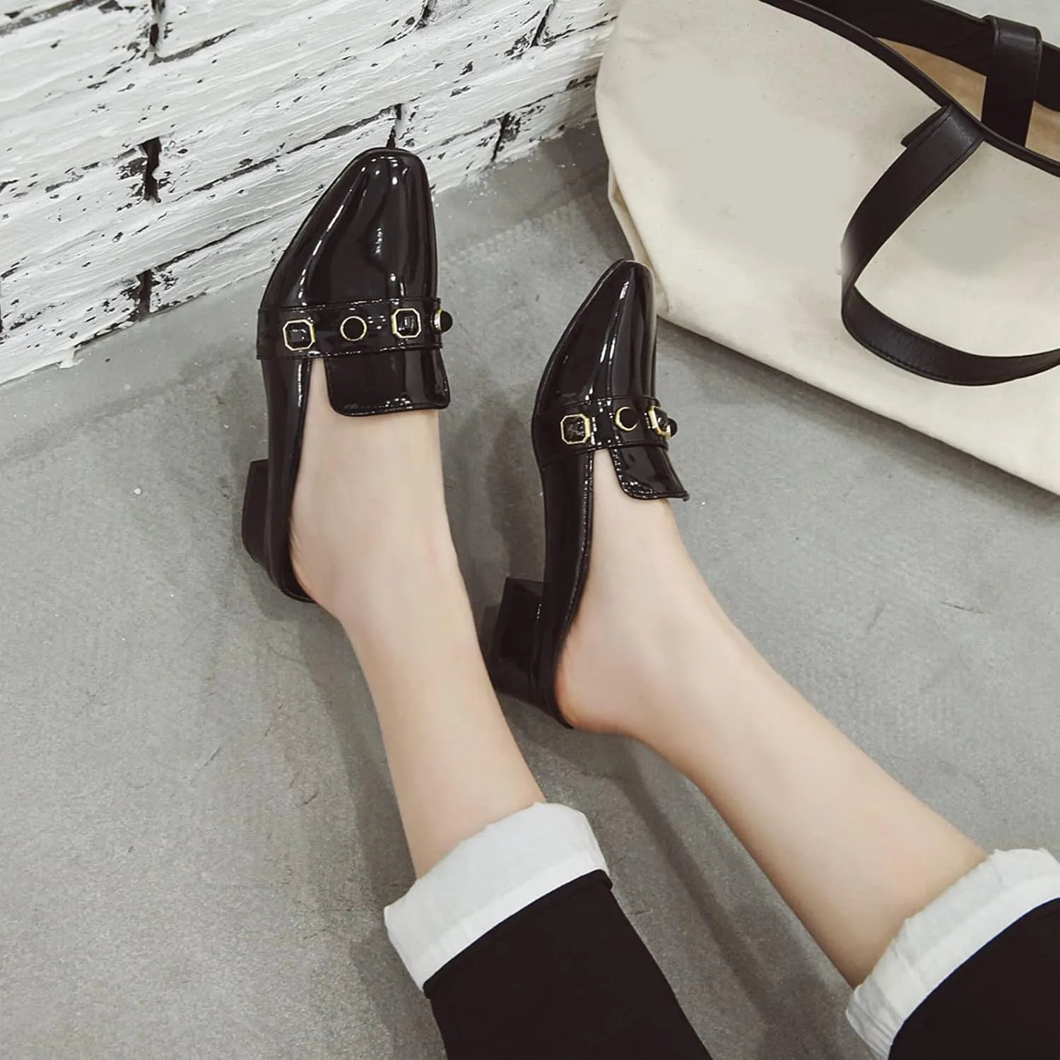 Women's Low Heel Backless Loafers Patent Leather Square Toe Studded Comfy Casual Dress Mules Shoes