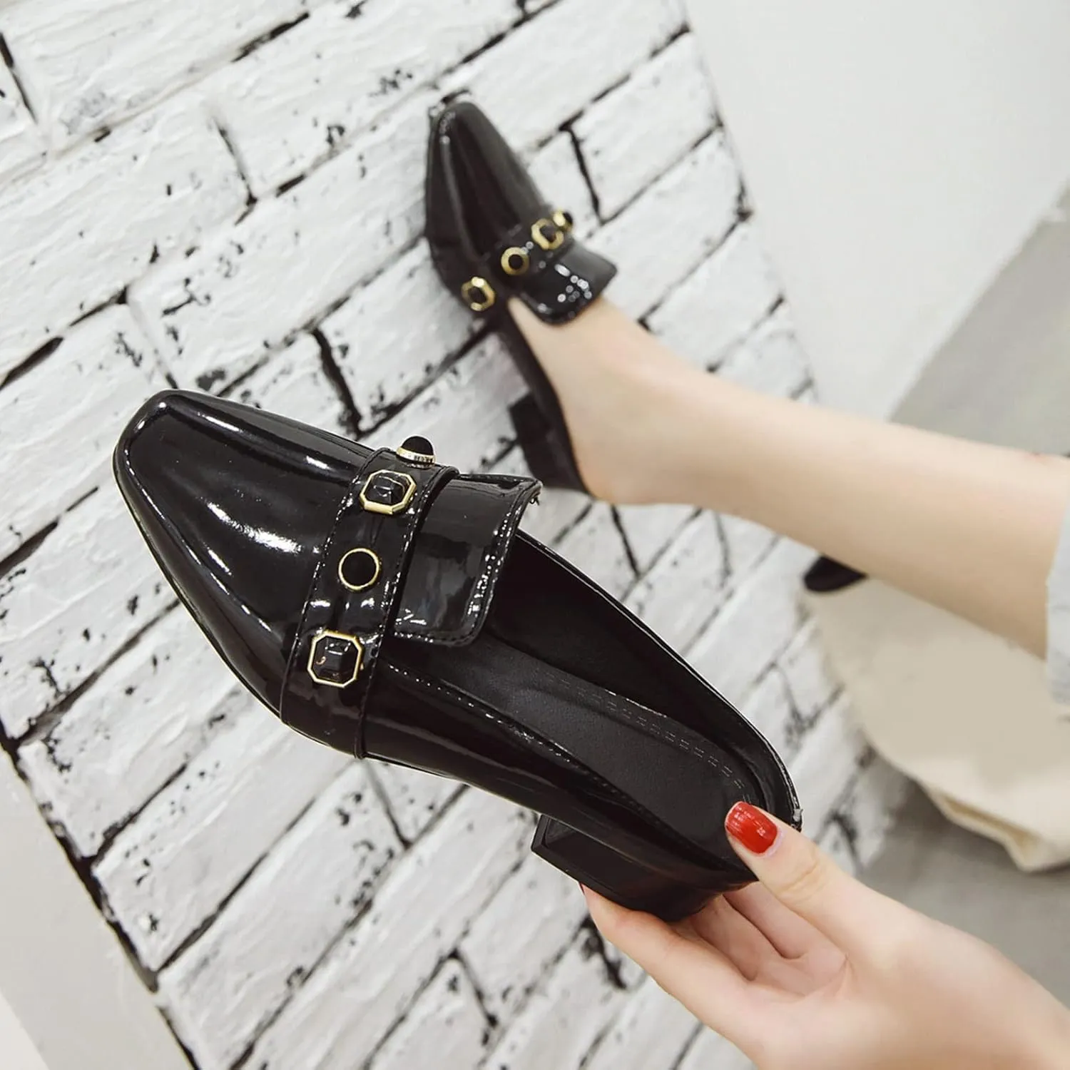 Women's Low Heel Backless Loafers Patent Leather Square Toe Studded Comfy Casual Dress Mules Shoes
