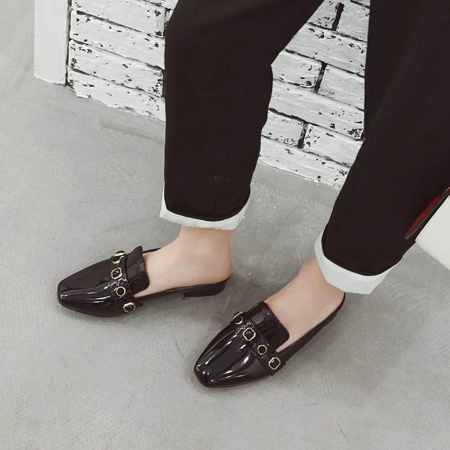 Women's Low Heel Backless Loafers Patent Leather Square Toe Studded Comfy Casual Dress Mules Shoes