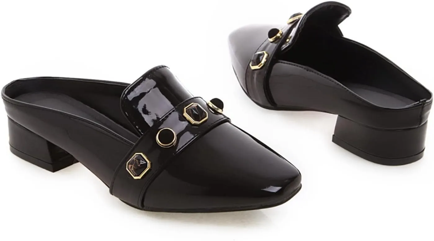 Women's Low Heel Backless Loafers Patent Leather Square Toe Studded Comfy Casual Dress Mules Shoes