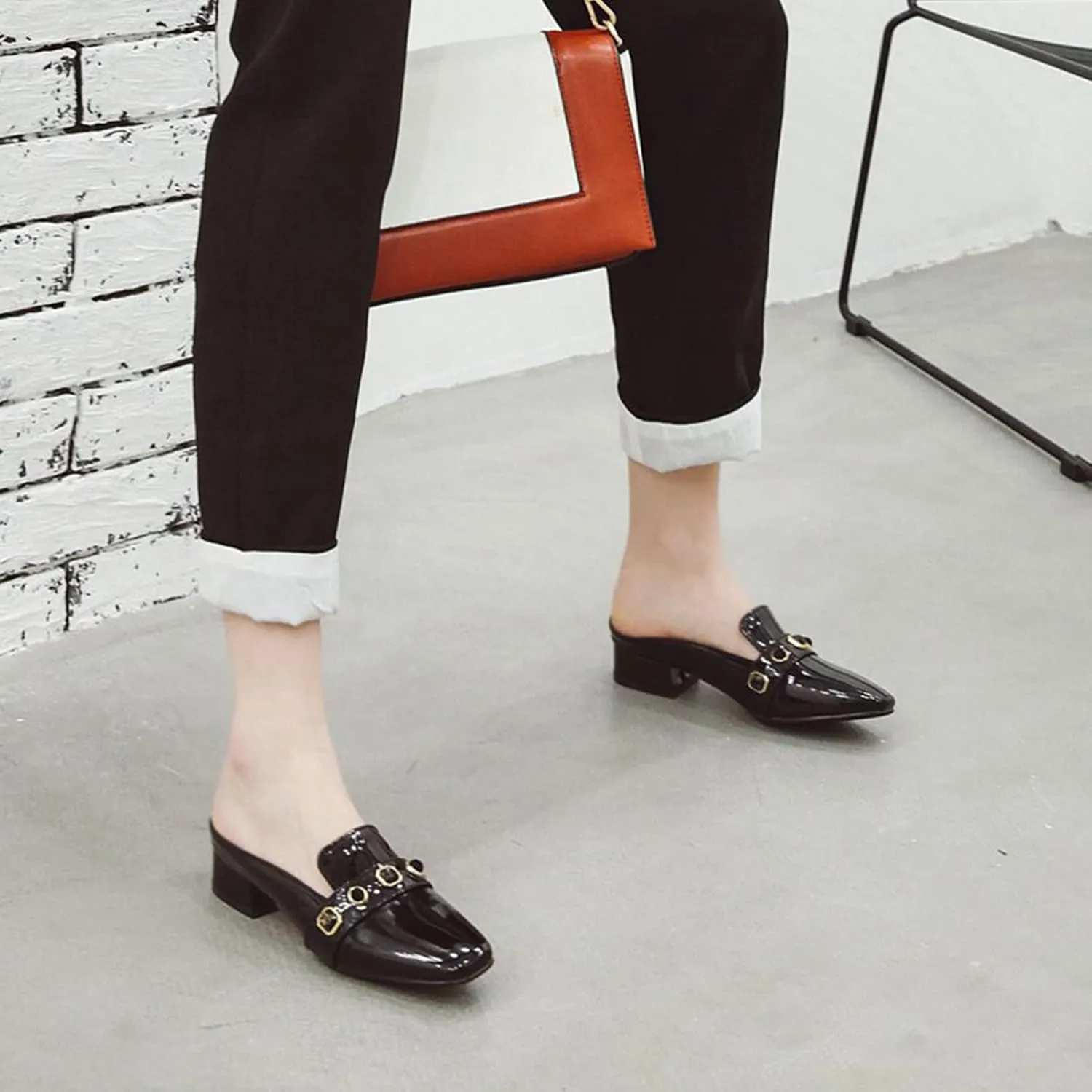 Women's Low Heel Backless Loafers Patent Leather Square Toe Studded Comfy Casual Dress Mules Shoes