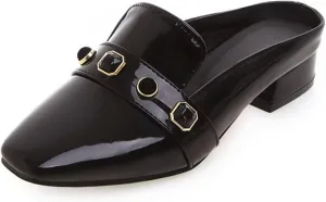 Women's Low Heel Backless Loafers Patent Leather Square Toe Studded Comfy Casual Dress Mules Shoes