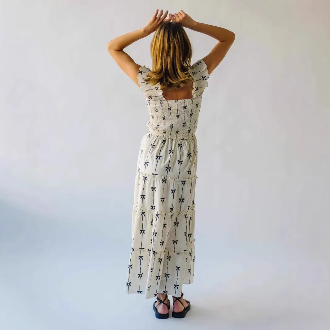 Women’s Maxi Dress – Smocked Bodice – Ruffle Straps – Lightweight Flowing Fabric – Bow Print