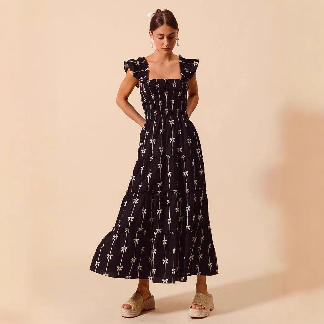 Women’s Maxi Dress – Smocked Bodice – Ruffle Straps – Lightweight Flowing Fabric – Bow Print