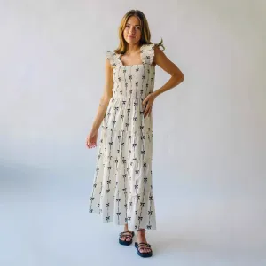 Women’s Maxi Dress – Smocked Bodice – Ruffle Straps – Lightweight Flowing Fabric – Bow Print