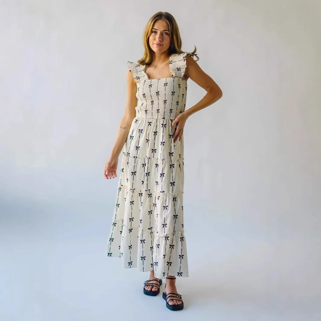 Women’s Maxi Dress – Smocked Bodice – Ruffle Straps – Lightweight Flowing Fabric – Bow Print