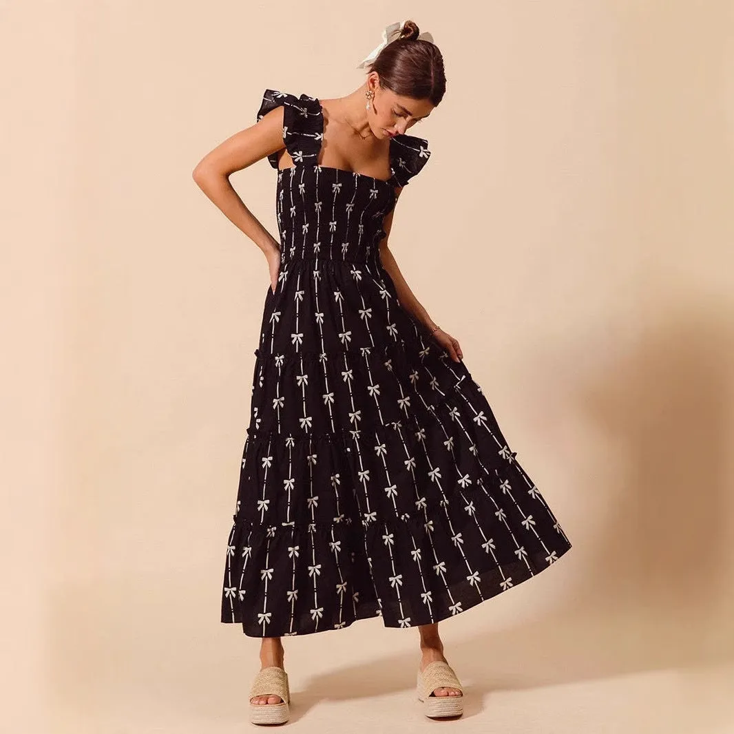 Women’s Maxi Dress – Smocked Bodice – Ruffle Straps – Lightweight Flowing Fabric – Bow Print