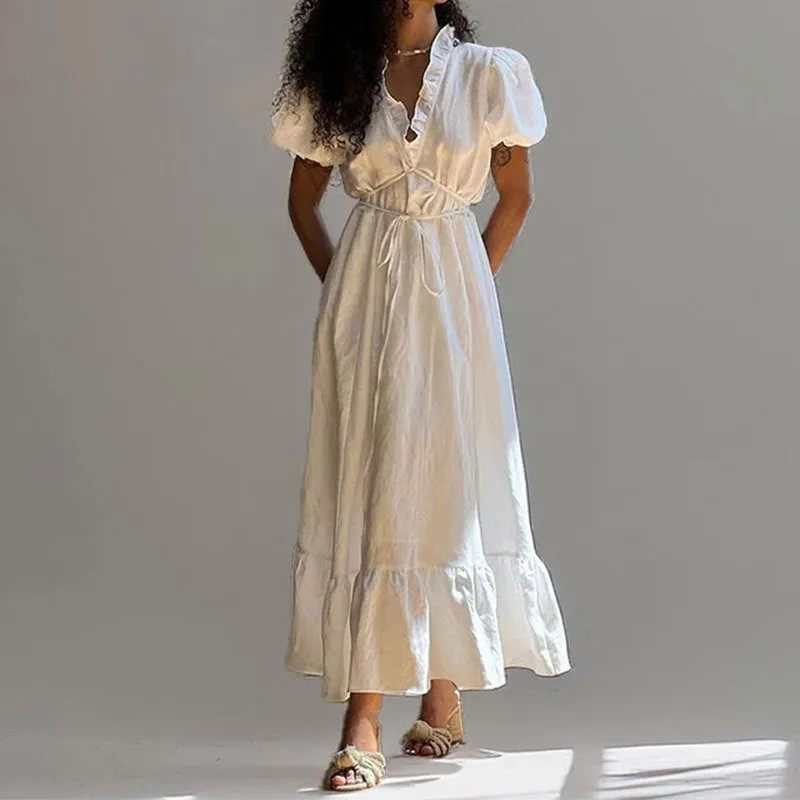 Women’s Maxi Dress – V-Neck Ruffle Detail – Puff Sleeve – Tiered Hem – Cinched Waist