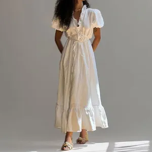 Women’s Maxi Dress – V-Neck Ruffle Detail – Puff Sleeve – Tiered Hem – Cinched Waist