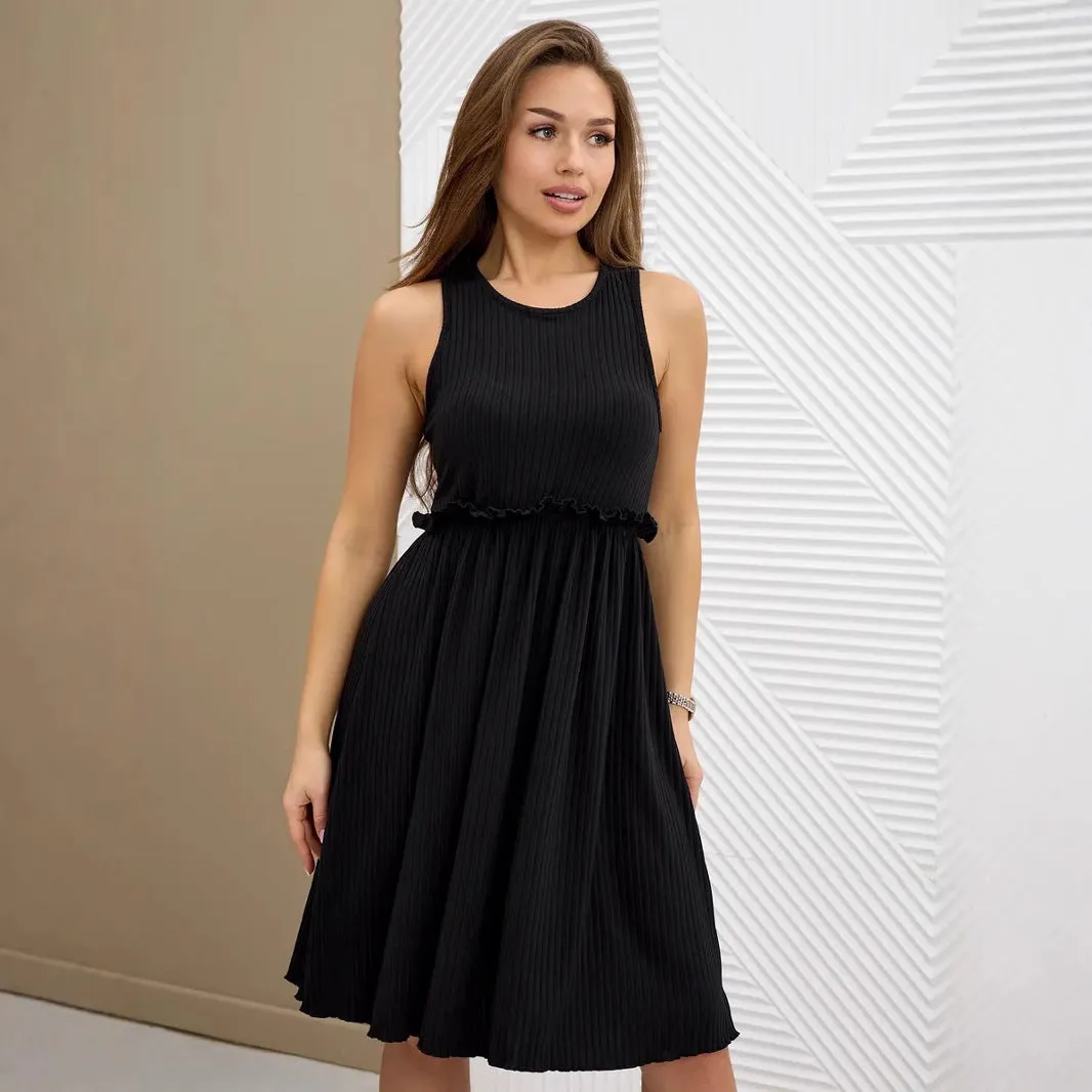 Women’s Midi Dress – Cotton Blend – Sleeveless A-Line – V-Neck – Button Front Tie Waist