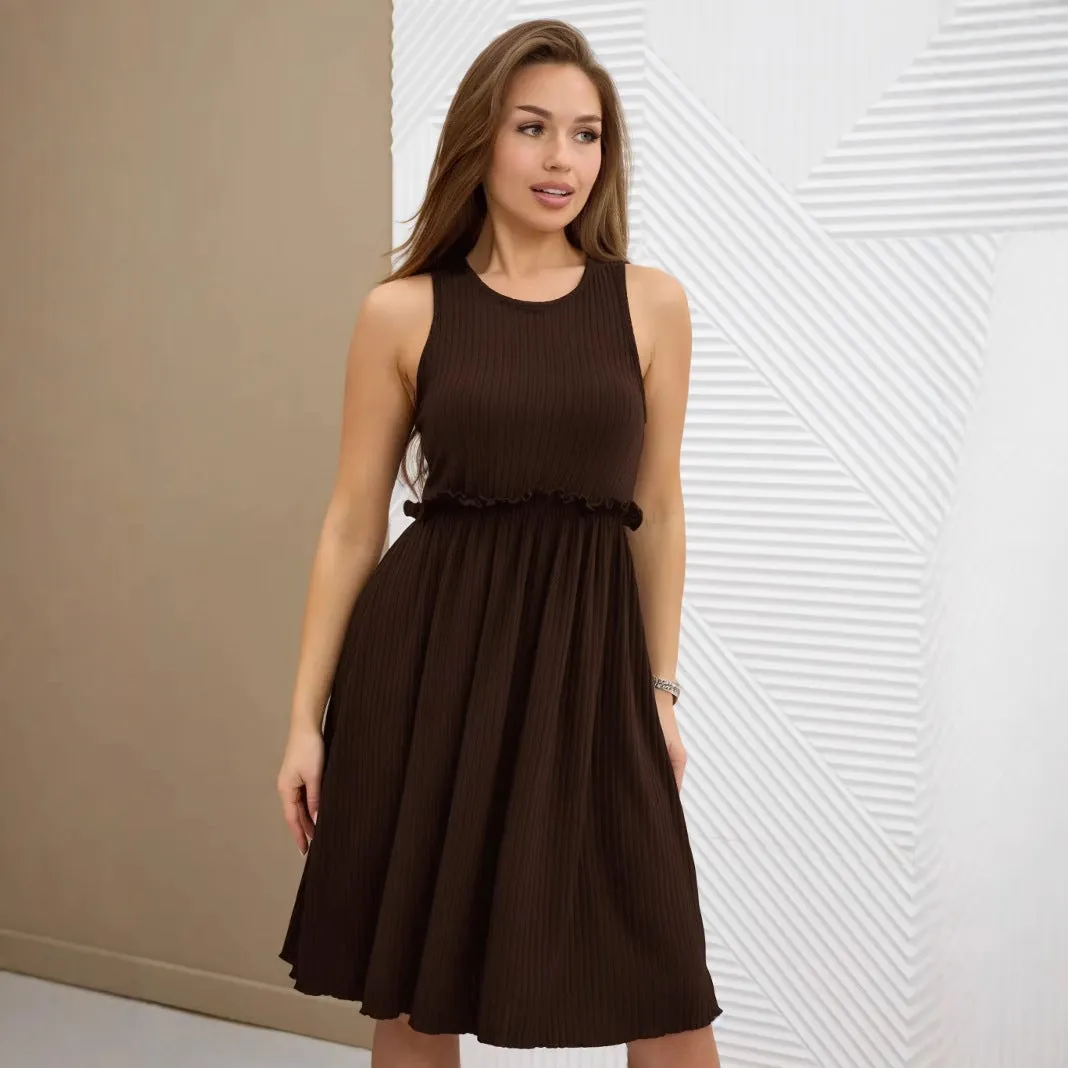 Women’s Midi Dress – Cotton Blend – Sleeveless A-Line – V-Neck – Button Front Tie Waist