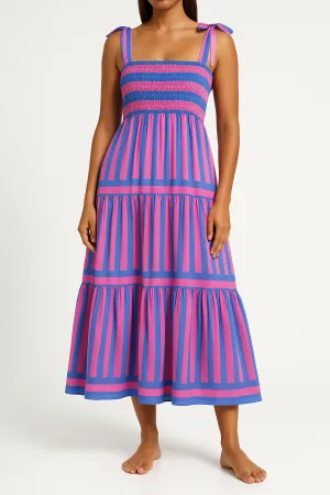 Women’s Midi Dress - Smocked Bodice - Tiered Skirt - Adjustable Bow Straps - Striped Pattern