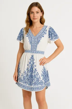 Women’s Mini Dress – V-Neck – Fitted Waist – Short Sleeve – Printed Cotton – Flowy Hem