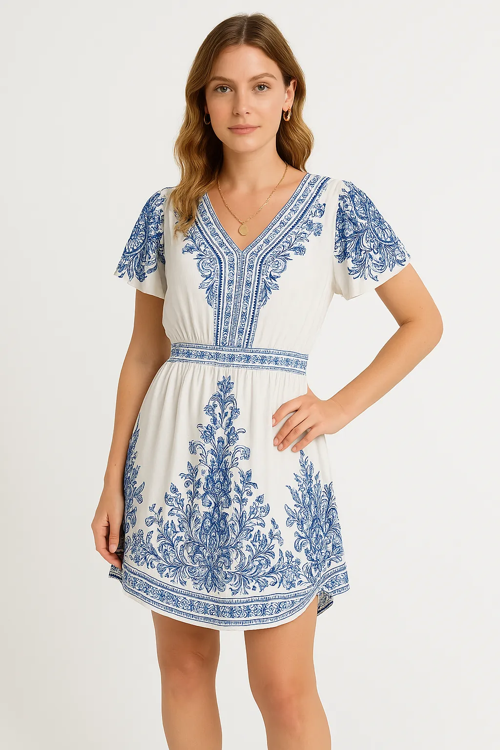 Women’s Mini Dress – V-Neck – Fitted Waist – Short Sleeve – Printed Cotton – Flowy Hem
