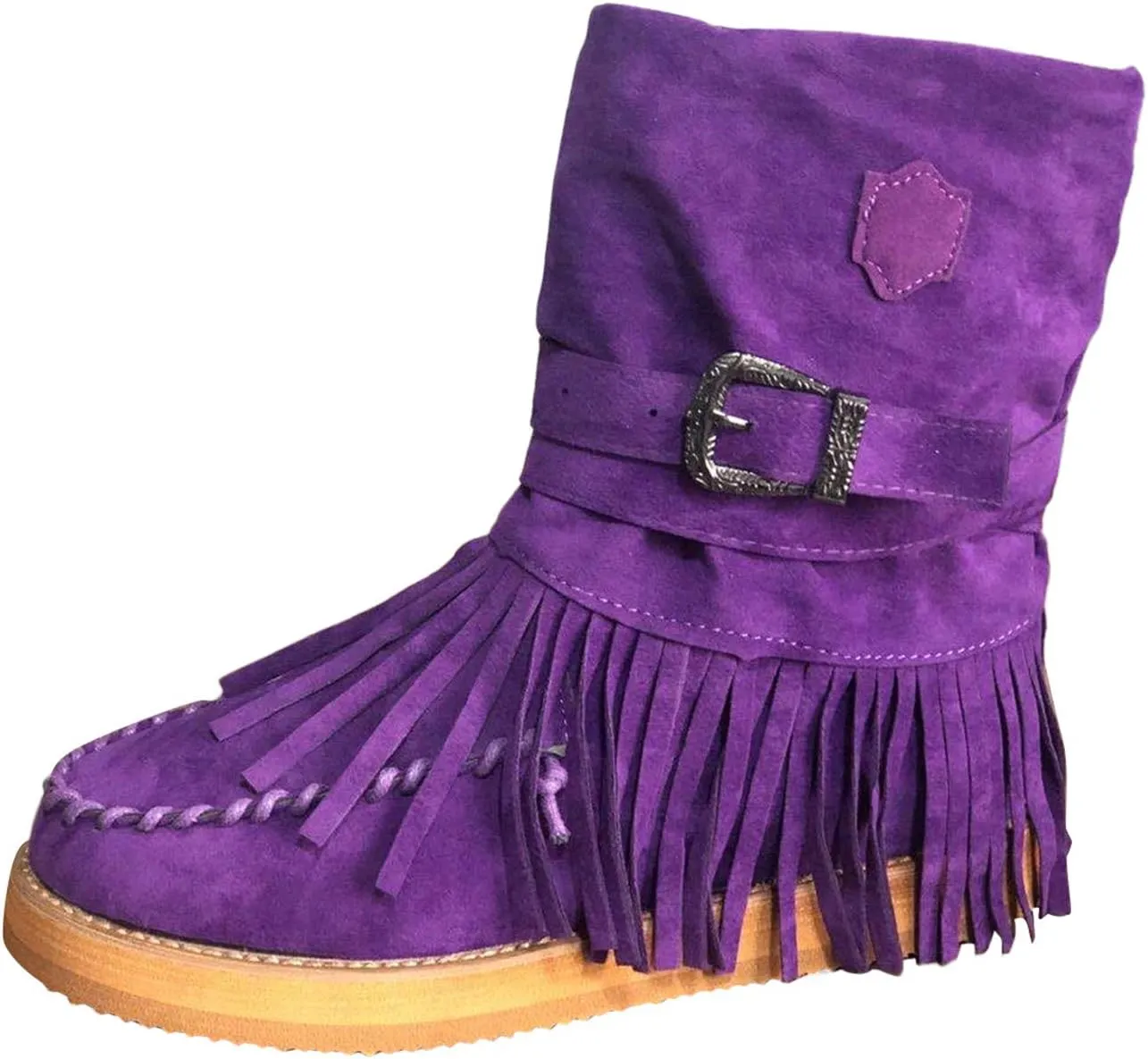 Women's Moccasins Fringe Tassel Boots Suede Buckled Strappy Mid Calf Boots for Women Winter Warm Dress (Purple, 8)