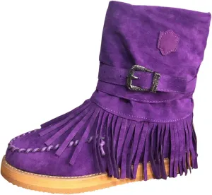 Women's Moccasins Fringe Tassel Boots Suede Buckled Strappy Mid Calf Boots for Women Winter Warm Dress (Purple, 8)