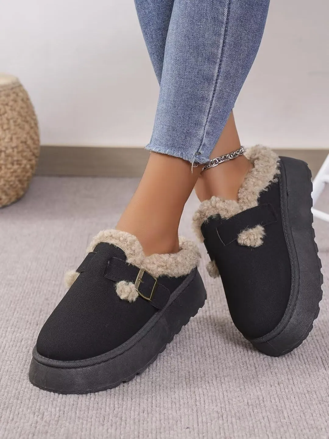 Women's Mules Suede Thick Sole Snow Slippers Fleece Lined Shoes Slip On Garden Clogs Indoor Outdoor
