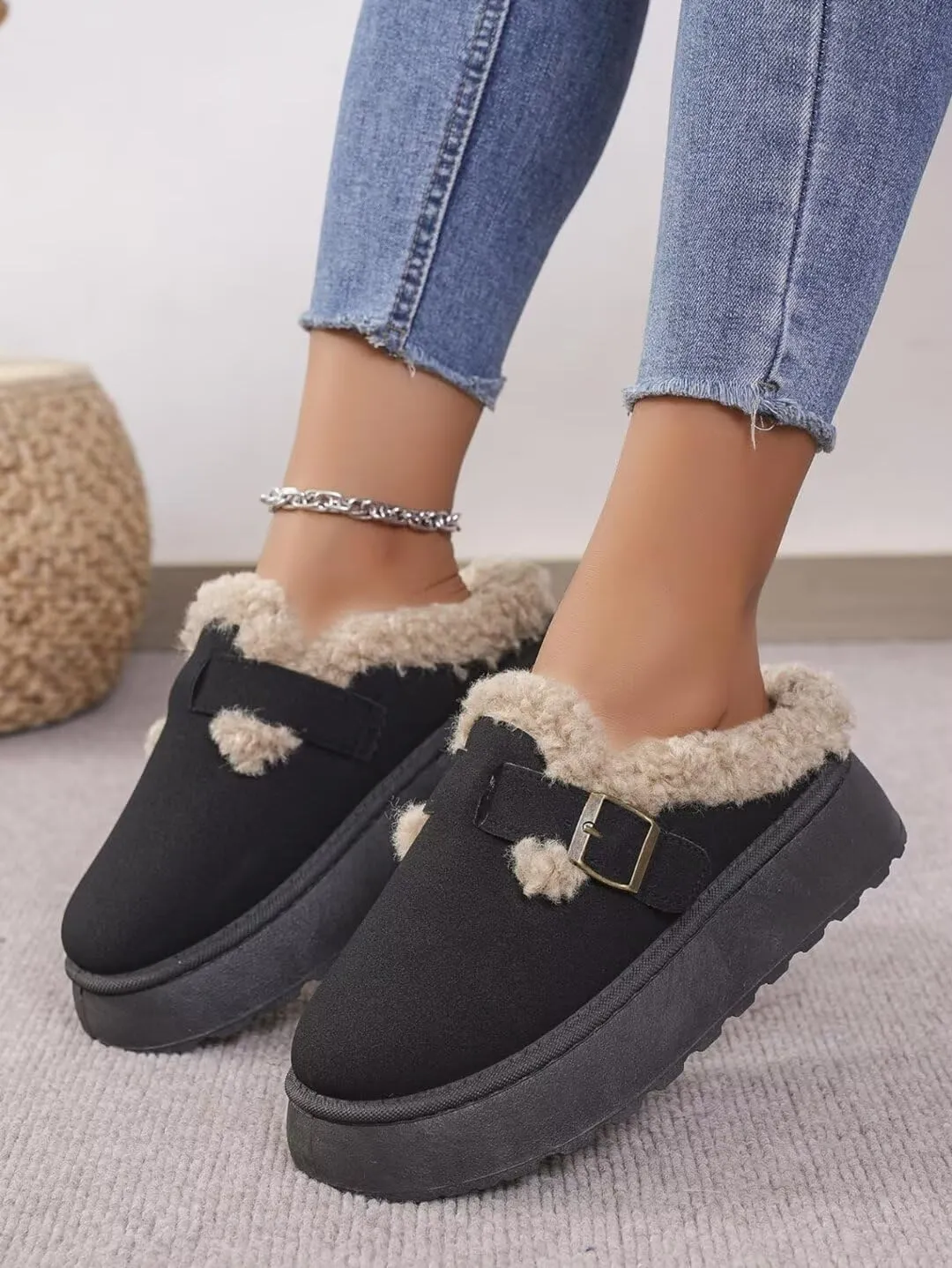 Women's Mules Suede Thick Sole Snow Slippers Fleece Lined Shoes Slip On Garden Clogs Indoor Outdoor