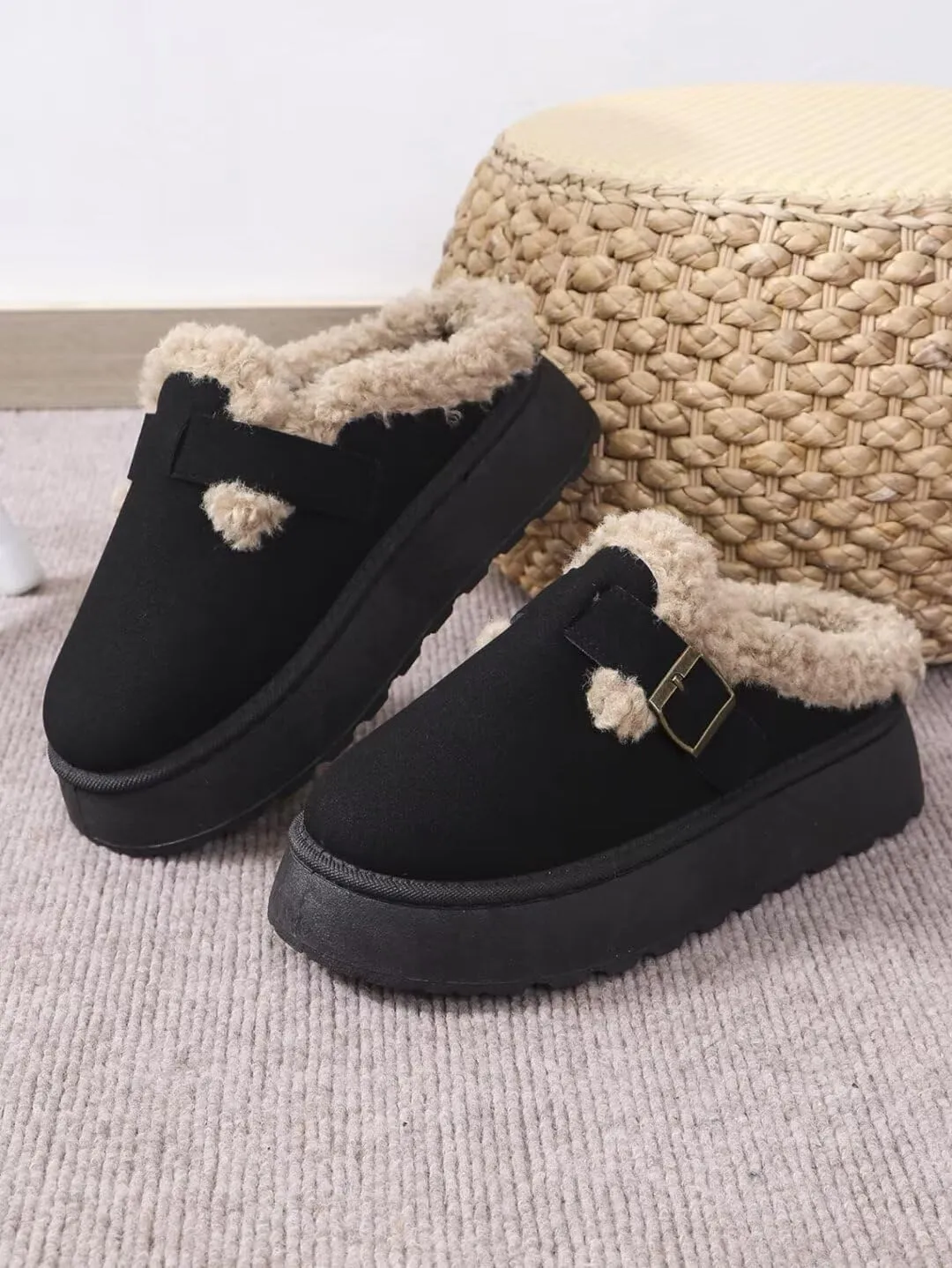 Women's Mules Suede Thick Sole Snow Slippers Fleece Lined Shoes Slip On Garden Clogs Indoor Outdoor