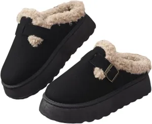 Women's Mules Suede Thick Sole Snow Slippers Fleece Lined Shoes Slip On Garden Clogs Indoor Outdoor