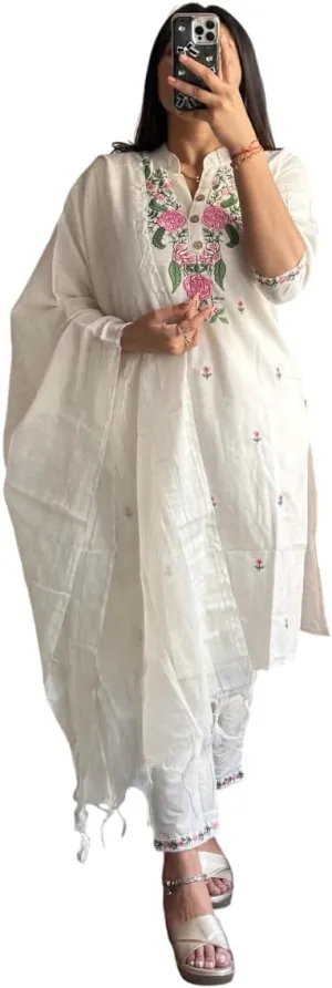 Women's Off-White Cotton Kurta Set with Pink Floral Embroidery | Ethnic Suit with Dupatta and Pants Festive and Casual Wear