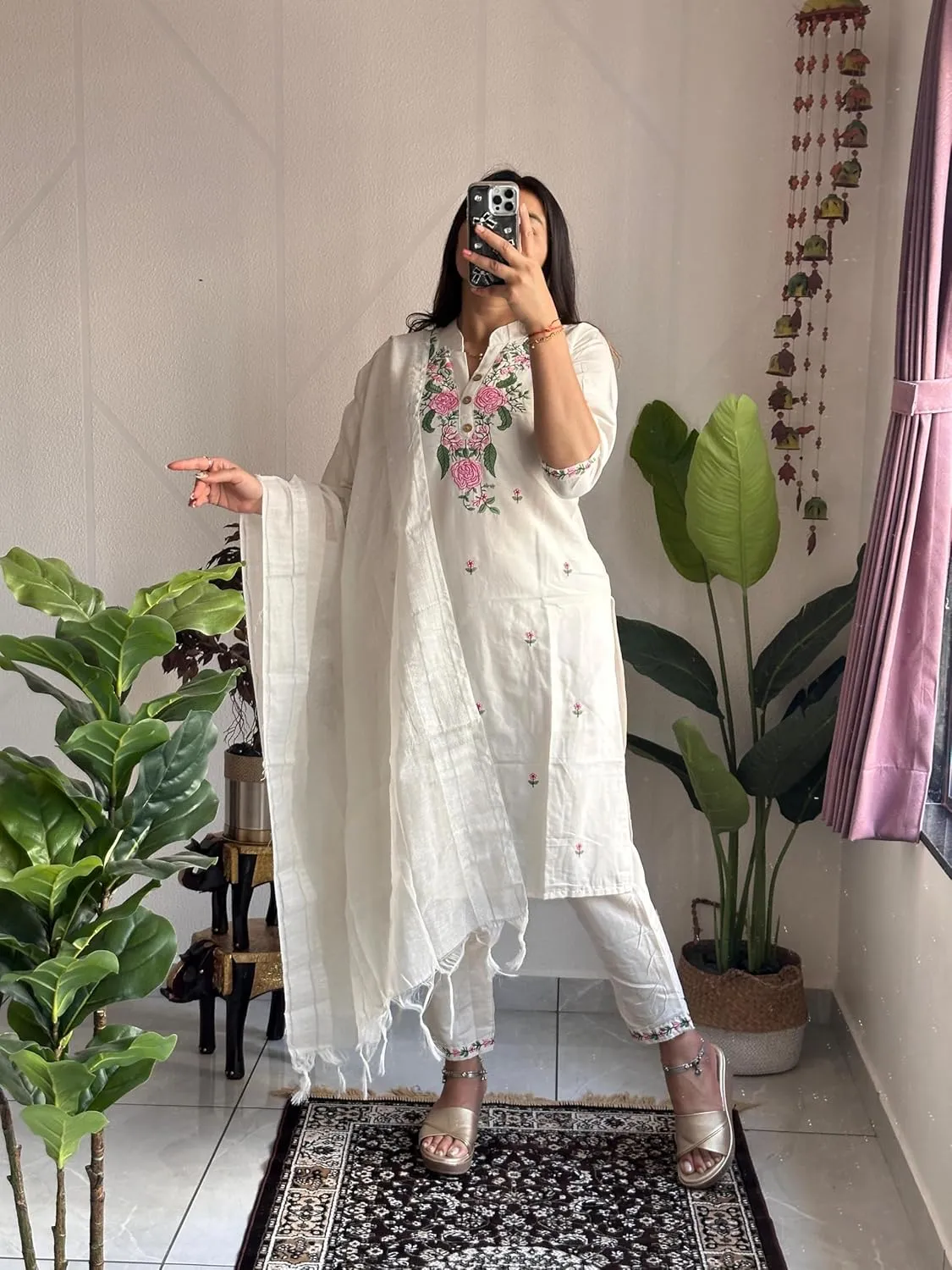 Women's Off-White Cotton Kurta Set with Pink Floral Embroidery | Ethnic Suit with Dupatta and Pants Festive and Casual Wear