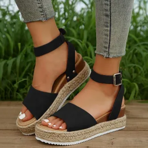 Women’s Open Toe Buckle Ankle Strap Espadrilles Flatform Wedge Casual Comfortable Sandal Summer Dressy Elegant Flats Beach Shoes