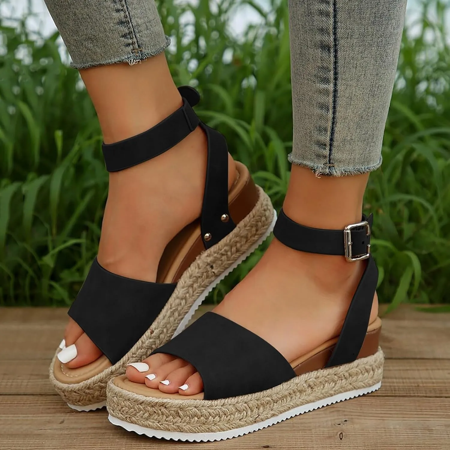 Women’s Open Toe Buckle Ankle Strap Espadrilles Flatform Wedge Casual Comfortable Sandal Summer Dressy Elegant Flats Beach Shoes