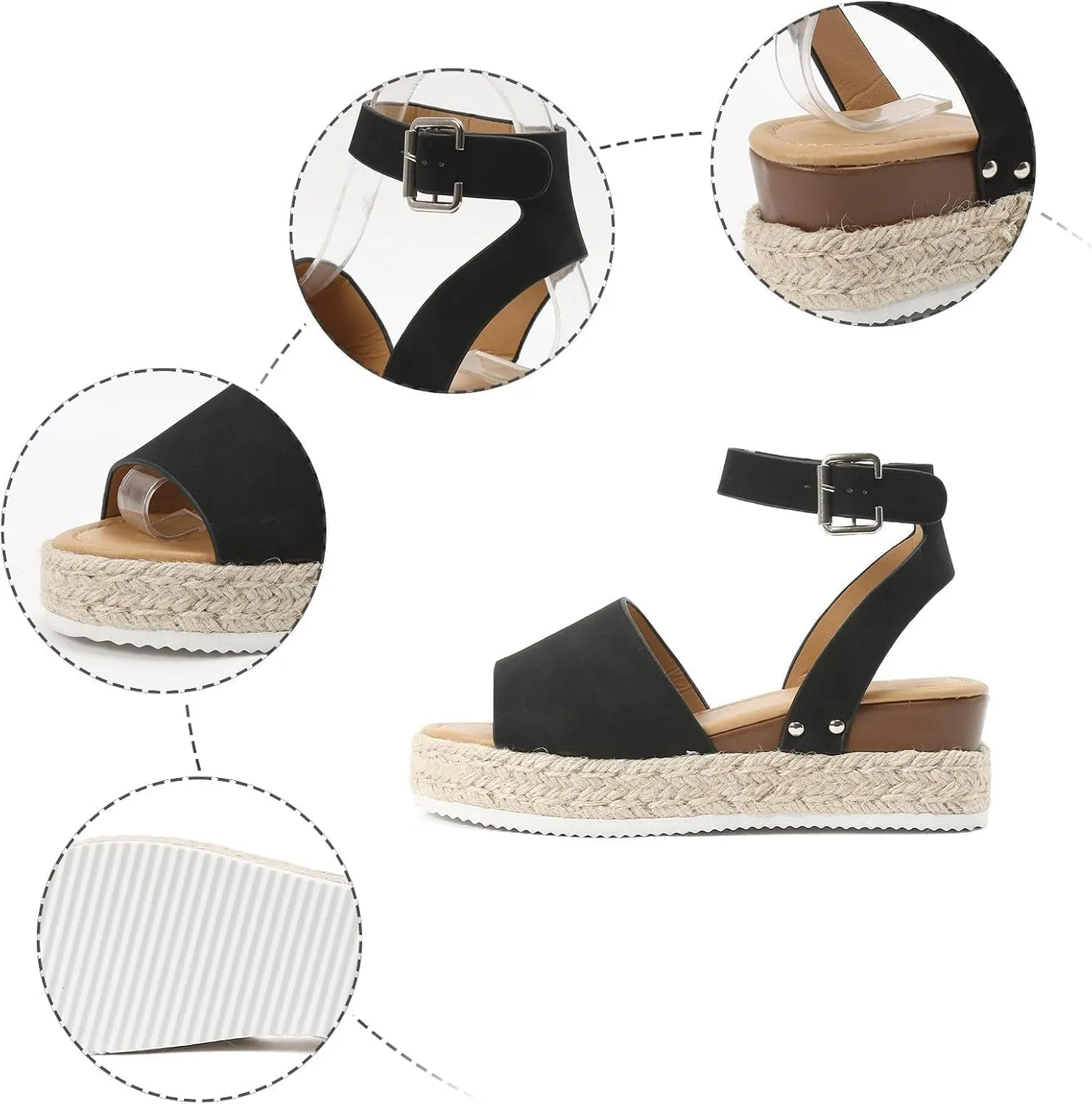 Women’s Open Toe Buckle Ankle Strap Espadrilles Flatform Wedge Casual Comfortable Sandal Summer Dressy Elegant Flats Beach Shoes