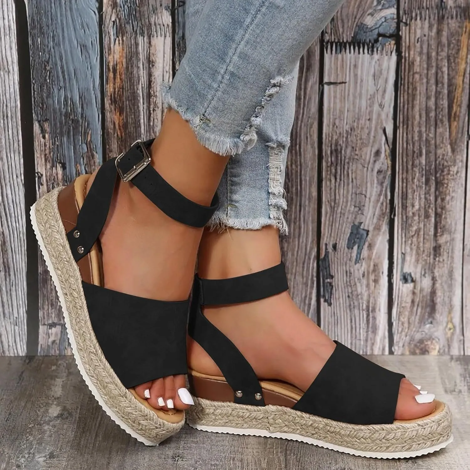 Women’s Open Toe Buckle Ankle Strap Espadrilles Flatform Wedge Casual Comfortable Sandal Summer Dressy Elegant Flats Beach Shoes